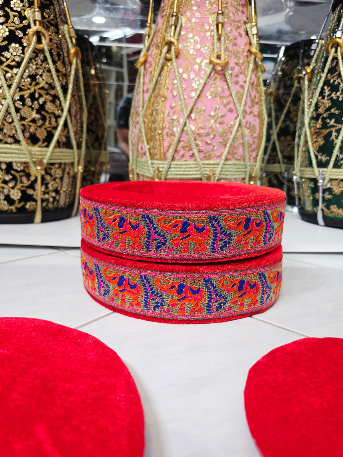 Rangoli Royale | Premium Red Velvet Tabla Rings Set with Multicolor Woven Trim