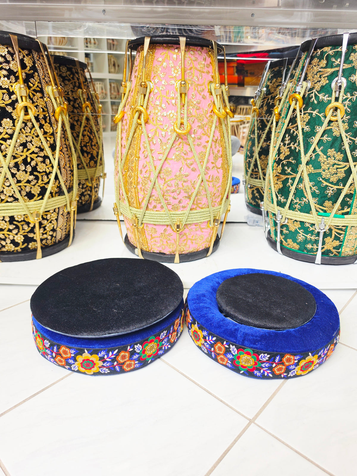 Mehfil Blossom | Premium Royal Blue Velvet Tabla Rings Set with Floral Embroidered Trim & Black Velvet Pads