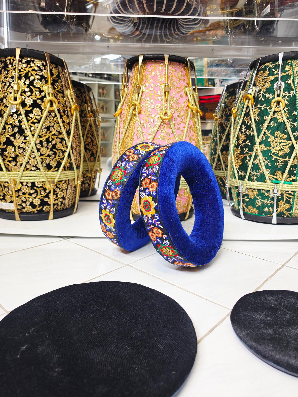 Mehfil Blossom | Premium Royal Blue Velvet Tabla Rings Set with Floral Embroidered Trim & Black Velvet Pads