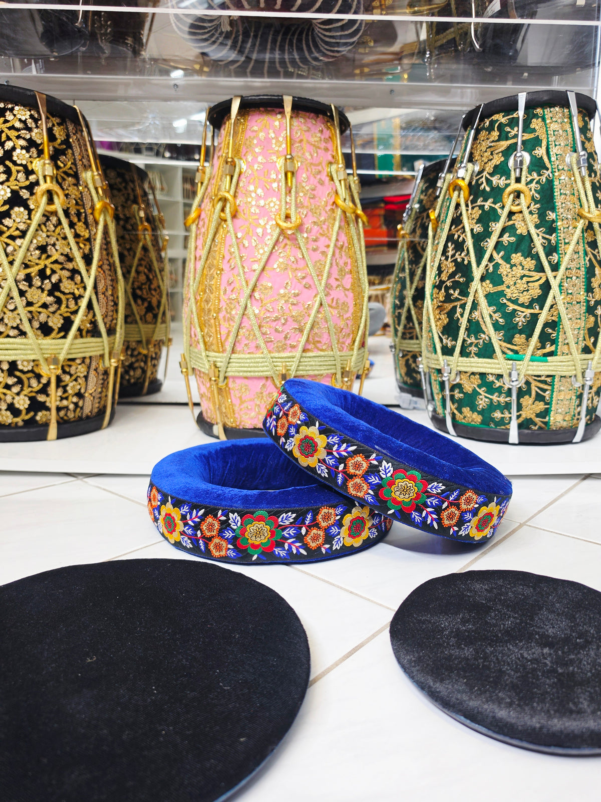 Mehfil Blossom | Premium Royal Blue Velvet Tabla Rings Set with Floral Embroidered Trim & Black Velvet Pads