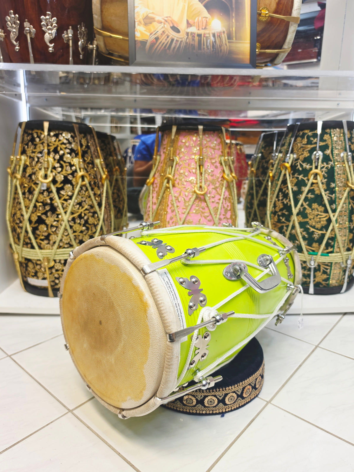 Lime Inferno | Premium Painted Red Sheesham Dholak with Carry Handle * Minor Cosmetic Blemishes