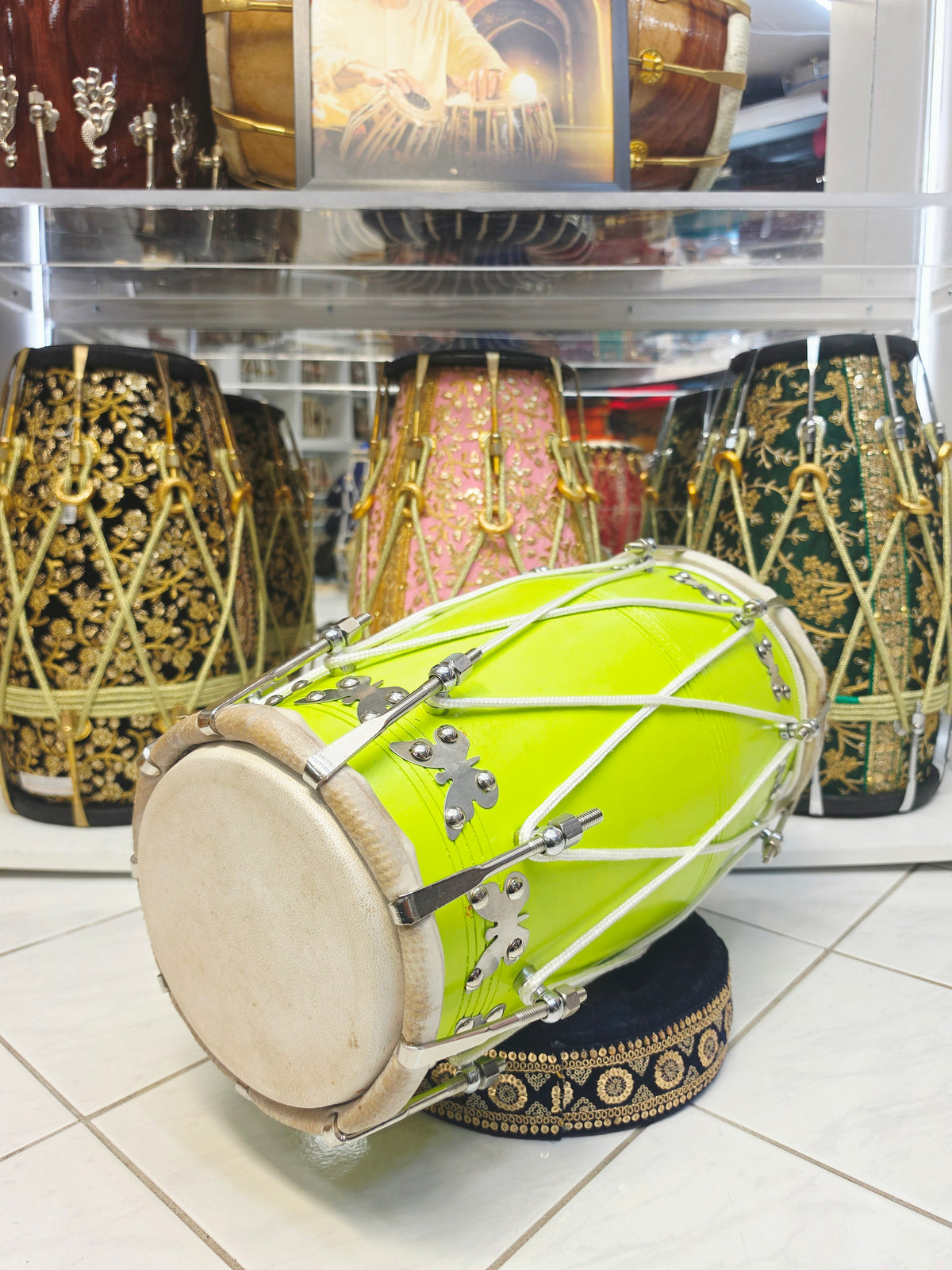 Lime Inferno | Premium Painted Red Sheesham Dholak with Carry Handle * Minor Cosmetic Blemishes