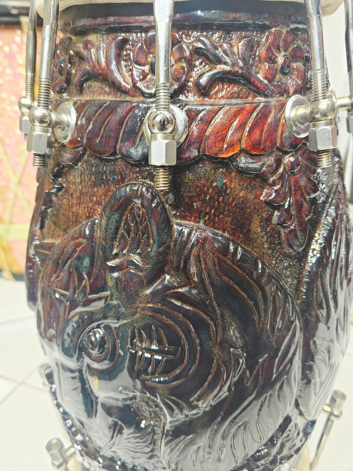 Rajshree Heritage Black Sheesham Dholak by Maa Ambika | Intricately Hand Carved Glossy Shell with Green Undercoating with Mehendi Designed Skins