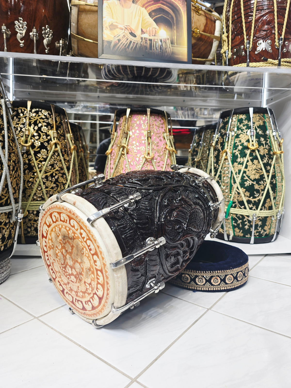 Mahakaal Heritage Black Sheesham Dholak by Maa Ambika | Intricately Hand Carved Shell with Green Undercoating and Traditional Floral Bass Skin