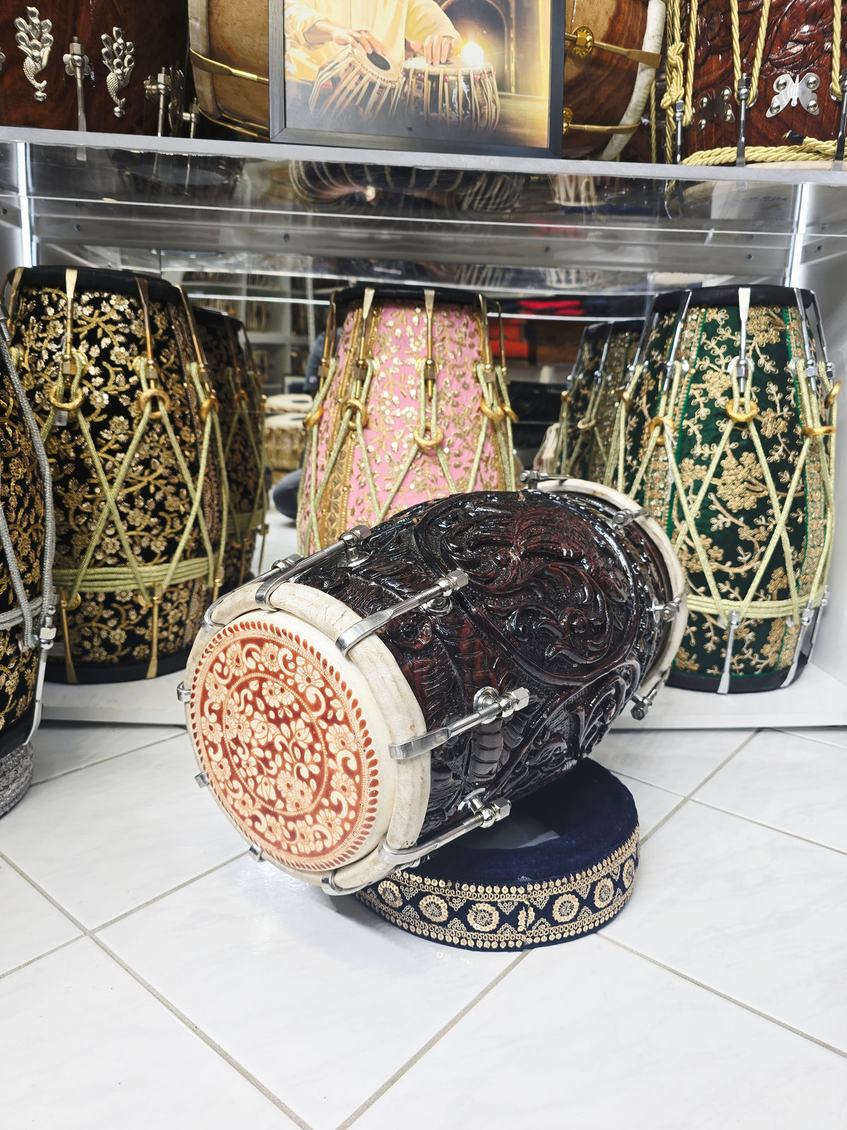 Mahakaal Heritage Black Sheesham Dholak by Maa Ambika | Intricately Hand Carved Shell with Green Undercoating and Traditional Floral Bass Skin