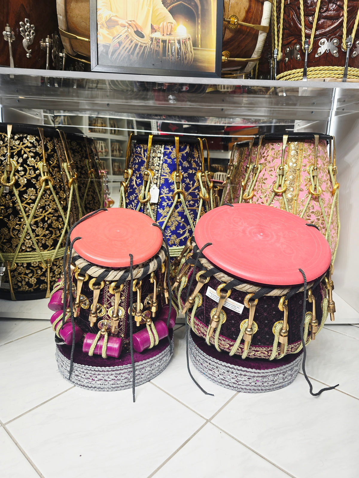 Rang Mahal Prestige 5.75" D#/E Red Sheesham Dayan & 9.25" Copper Bayan Purple Sherwani Bolted Tabla Set – Exceptional Tone