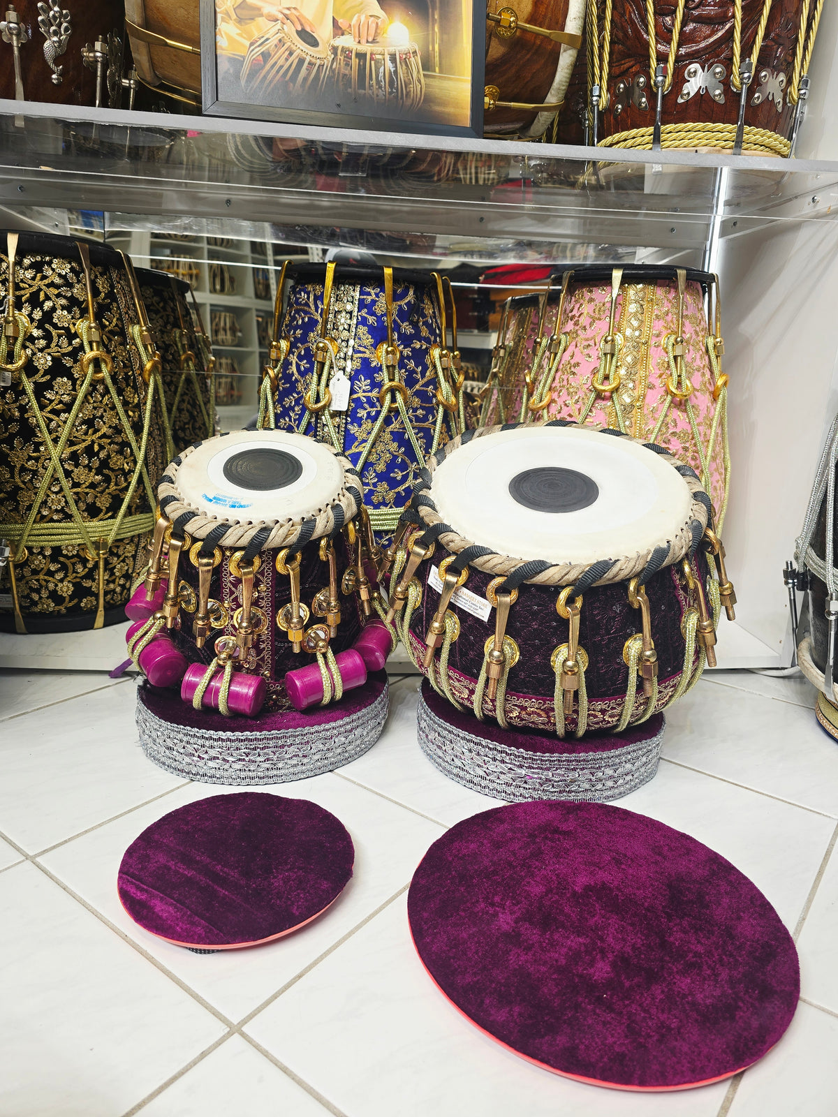 Rang Mahal Prestige 5.75" D#/E Red Sheesham Dayan & 9.25" Copper Bayan Purple Sherwani Bolted Tabla Set – Exceptional Tone