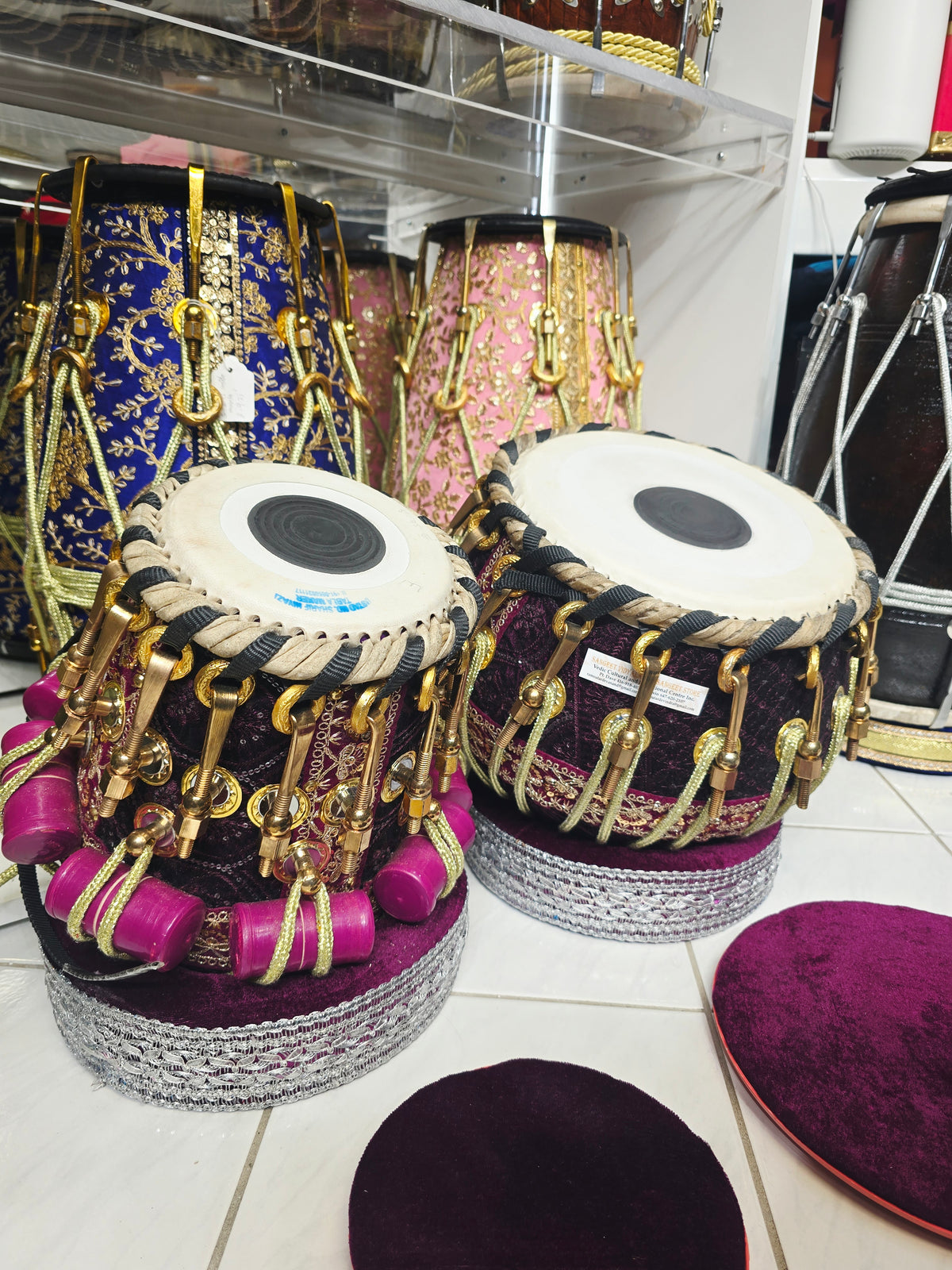 Rang Mahal Prestige 5.75" D#/E Red Sheesham Dayan & 9.25" Copper Bayan Purple Sherwani Bolted Tabla Set – Exceptional Tone