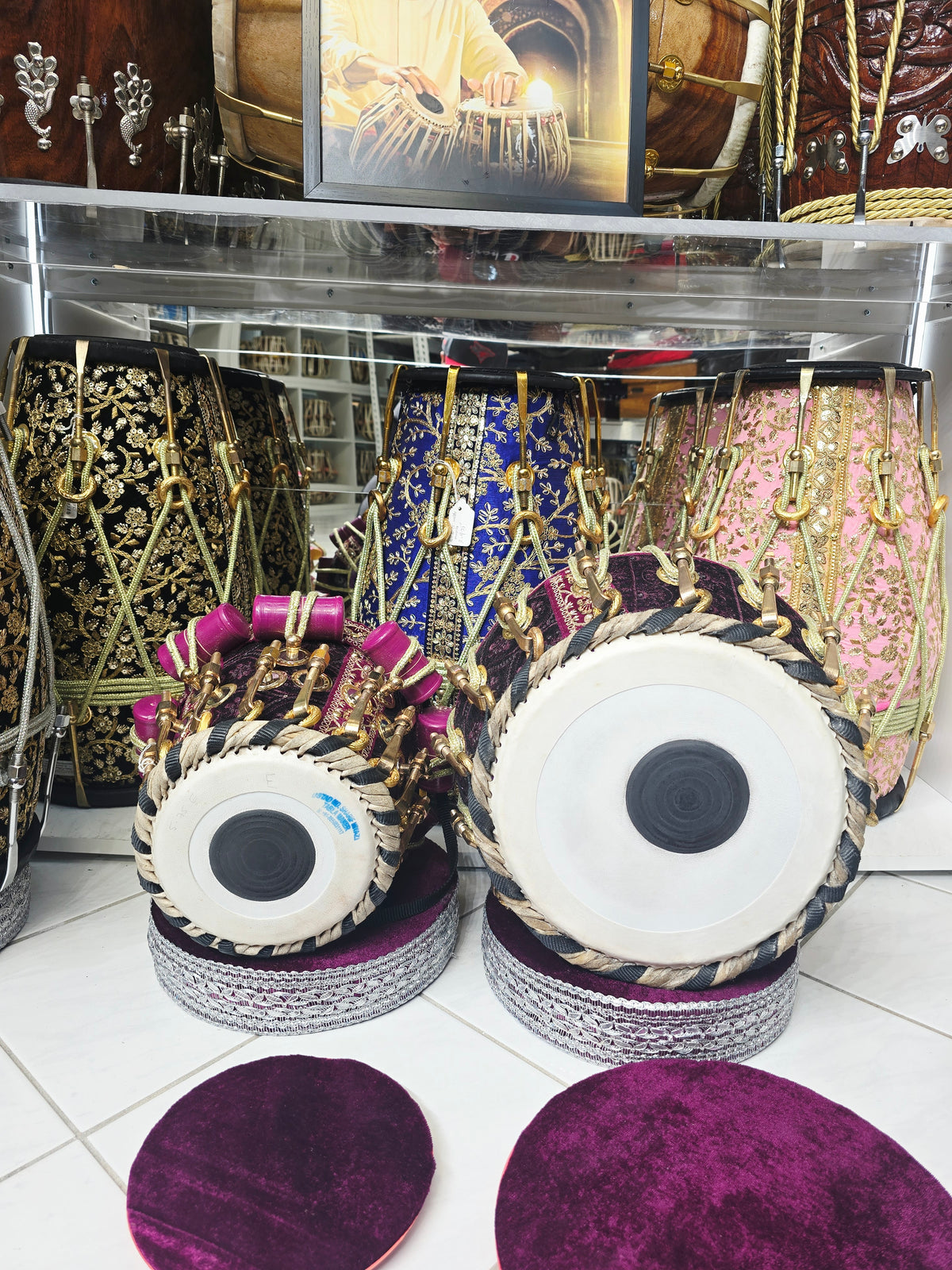 Rang Mahal Prestige 5.75" D#/E Red Sheesham Dayan & 9.25" Copper Bayan Purple Sherwani Bolted Tabla Set – Exceptional Tone