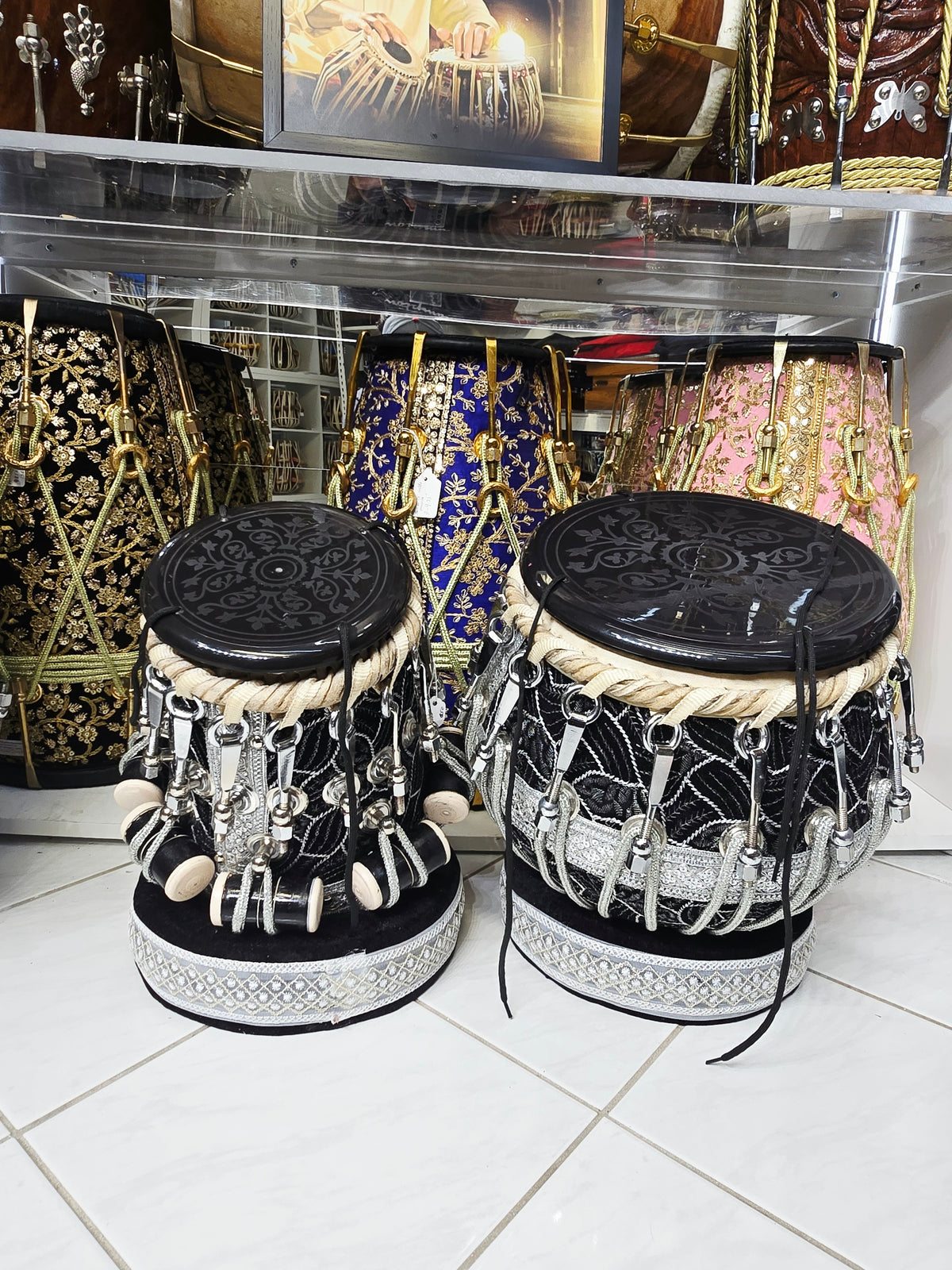 Midnight Darbar Sovereign: 5.75" C# Red Sheesham Dayan & 9.25" Copper Bayan Black & Silver Sherwani Bolted Tabla Set – Exceptional Tone Bayan
