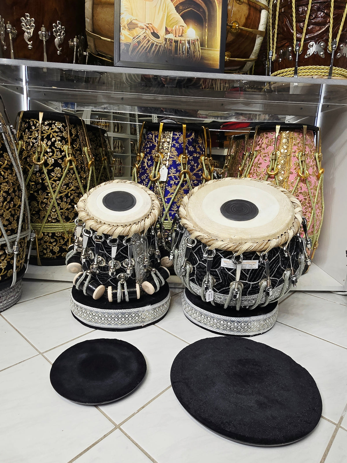 Midnight Darbar Sovereign: 5.75" C# Red Sheesham Dayan & 9.25" Copper Bayan Black & Silver Sherwani Bolted Tabla Set – Exceptional Tone Bayan