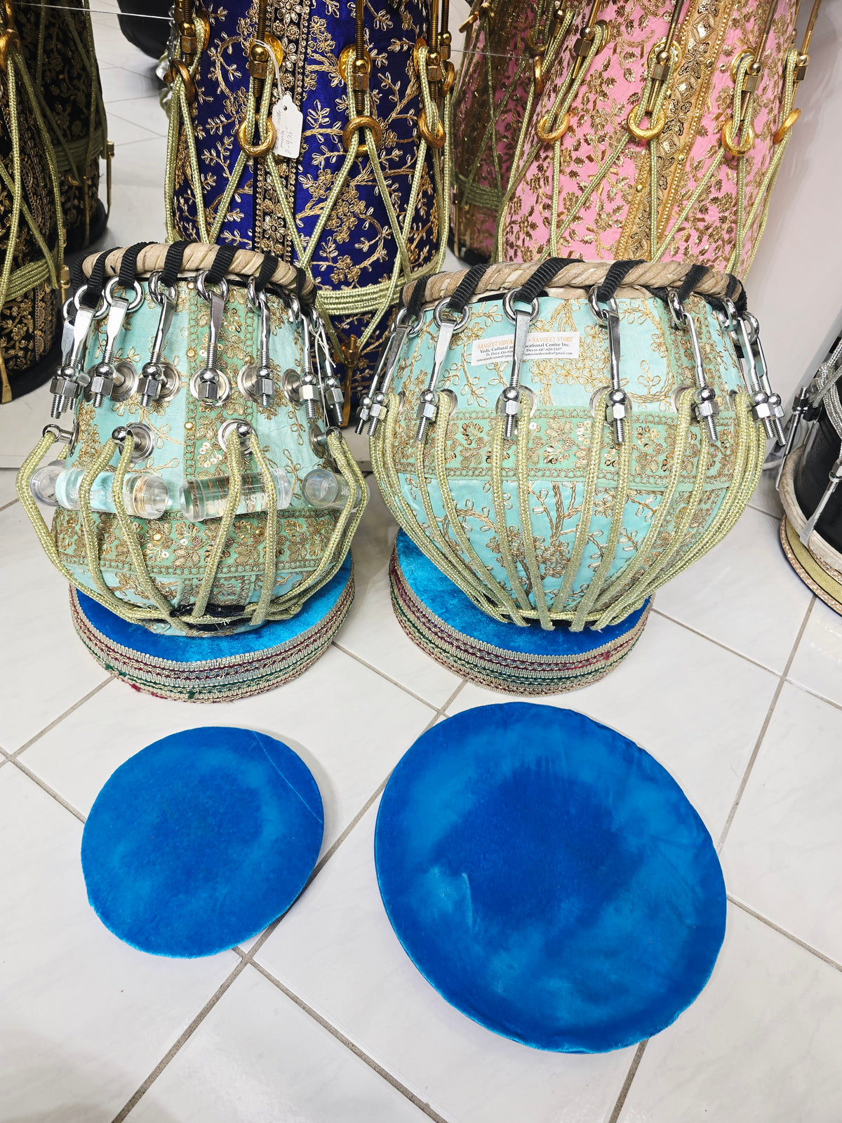 Indraneel Imperial 5⅝" D#/E Red Sheesham Dayan & 9.25" Copper Bayan Teal Sherwani Bolted Tabla Set – Exceptional Studio Recording Tone