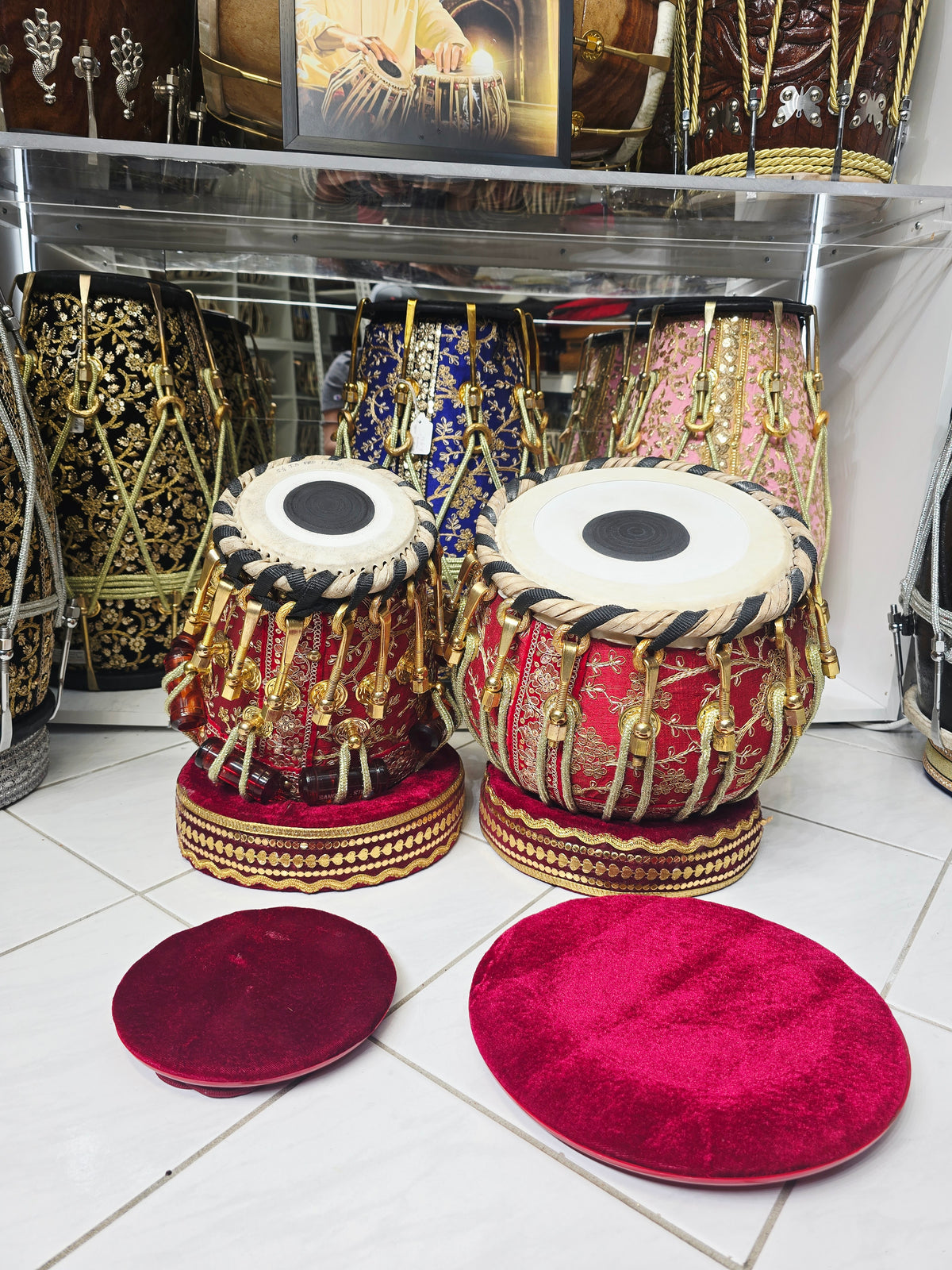 Rakta Darbar Imperial: 5.25" F/F# Red Sheesham Dayan & 9.25" Copper Bayan Red Sherwani Bolted Tabla Set – Exceptional Bayan Tone