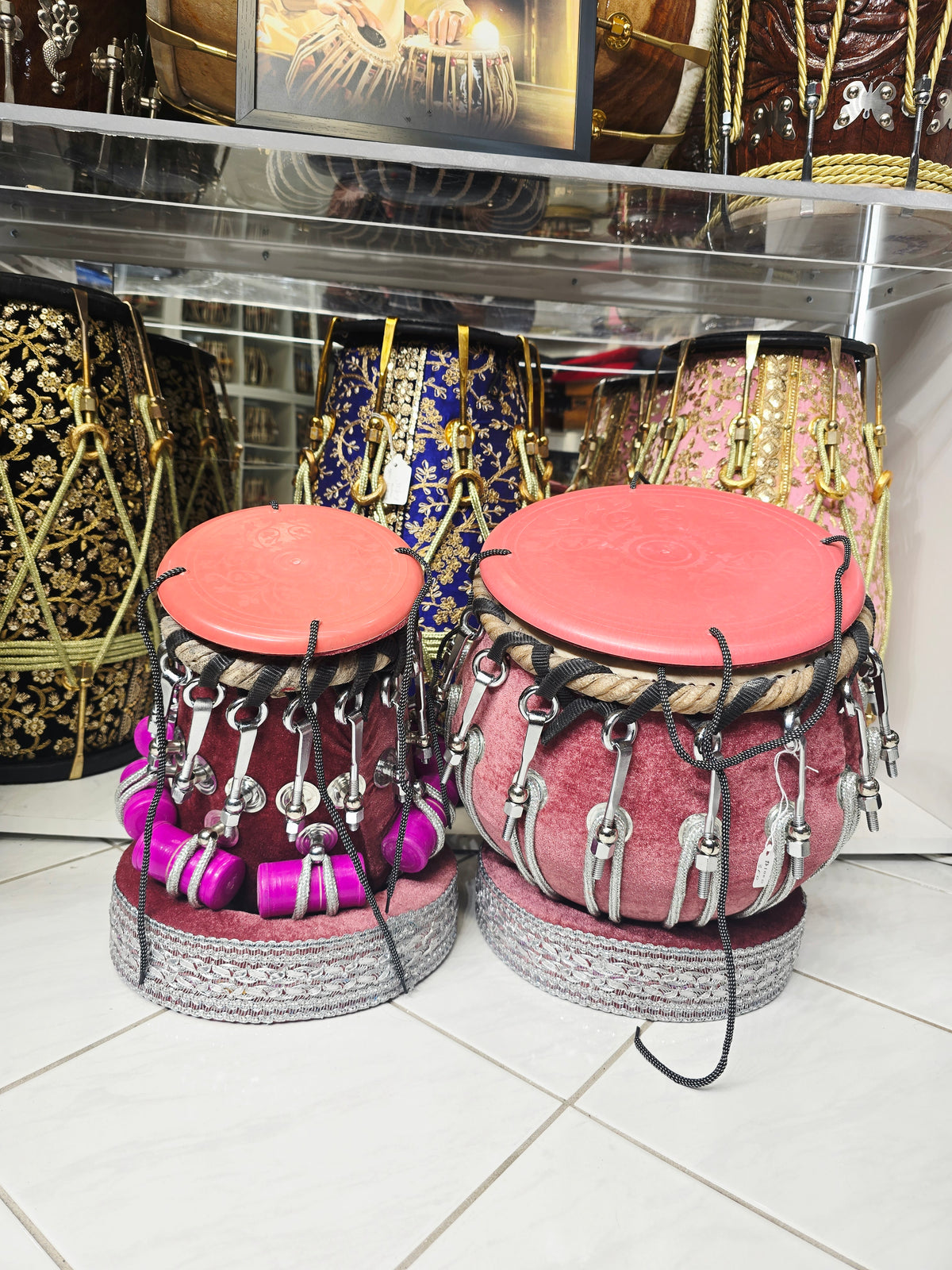 Surkh Mahal Royale 5.25" D#/E Red Sheesham Dayan & 9.25" Copper Bayan Rosewood Velvet Bolted Tabla Set – Exceptional Tone