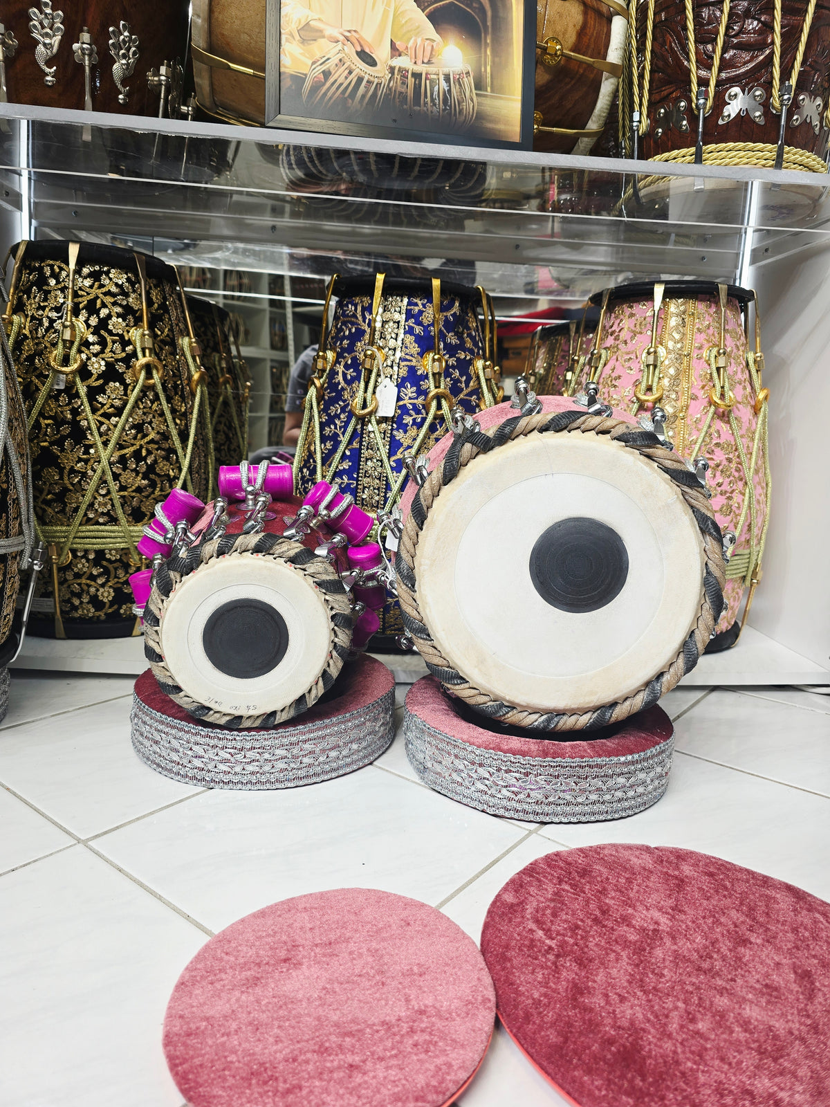 Surkh Mahal Royale 5.25" D#/E Red Sheesham Dayan & 9.25" Copper Bayan Rosewood Velvet Bolted Tabla Set – Exceptional Tone
