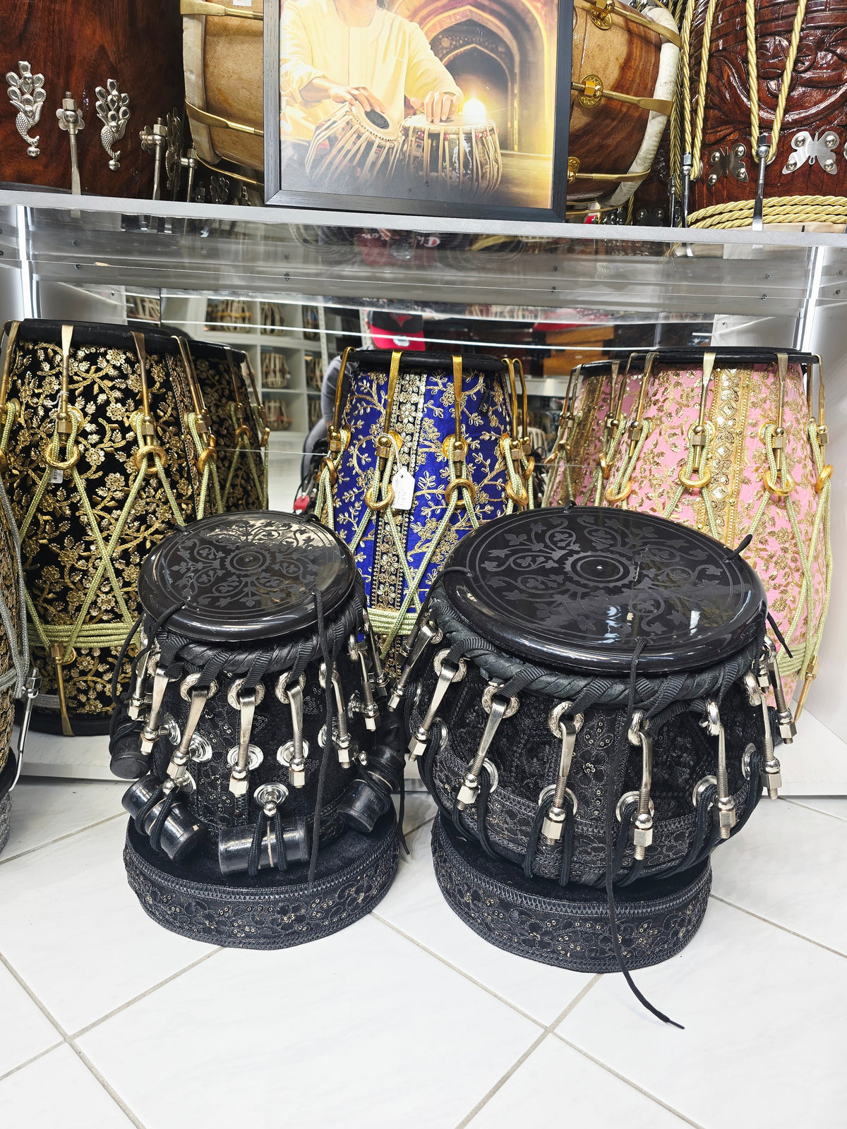 Midnight Darbar Obsidian 5.5" D#/E Red Sheesham Dayan & 9.25" Copper Bayan Black Sherwani Wrapped Tabla Set with Black-on-Black Skins, Silver Brass Bolts