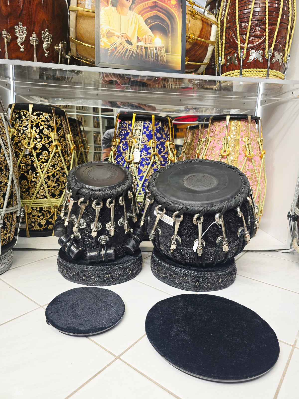 Midnight Darbar Obsidian 5.5" D#/E Red Sheesham Dayan & 9.25" Copper Bayan Black Sherwani Wrapped Tabla Set with Black-on-Black Skins, Silver Brass Bolts
