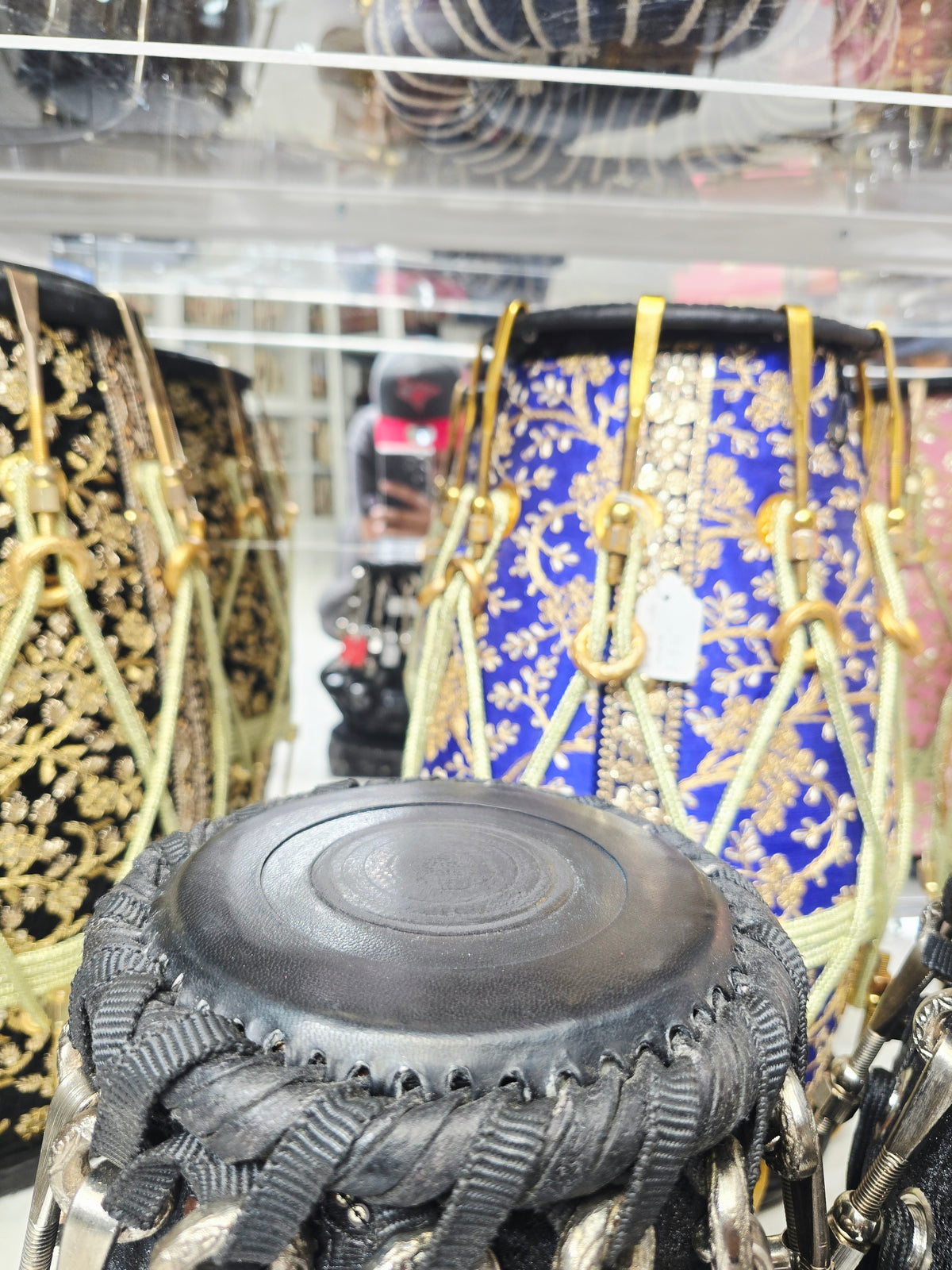 Midnight Darbar Obsidian 5.5" D#/E Red Sheesham Dayan & 9.25" Copper Bayan Black Sherwani Wrapped Tabla Set with Black-on-Black Skins, Silver Brass Bolts