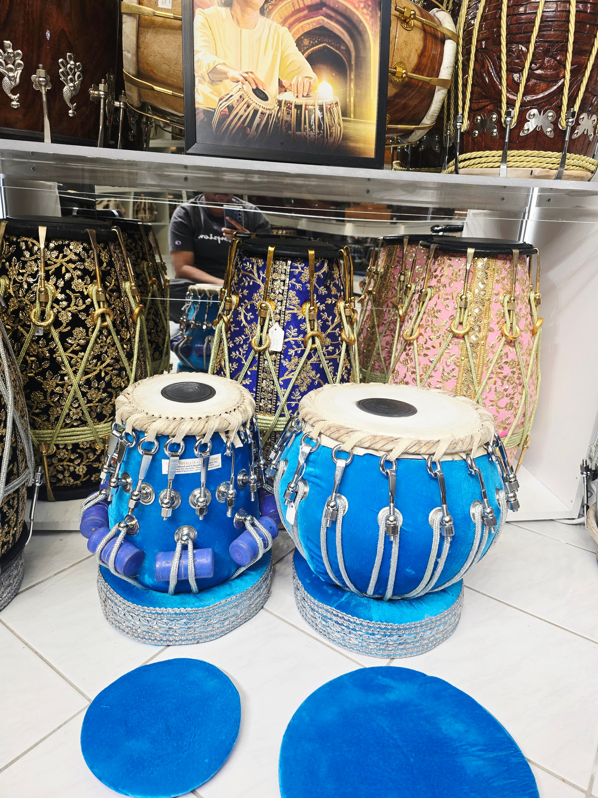 Neelambara Imperial 5⅝" D#/E Red Sheesham Dayan & 9" Brass Bayan Aqua Blue Velvet Wrapped Bolted Tabla Set with Silver Brass Bolts – Exceptional Tone