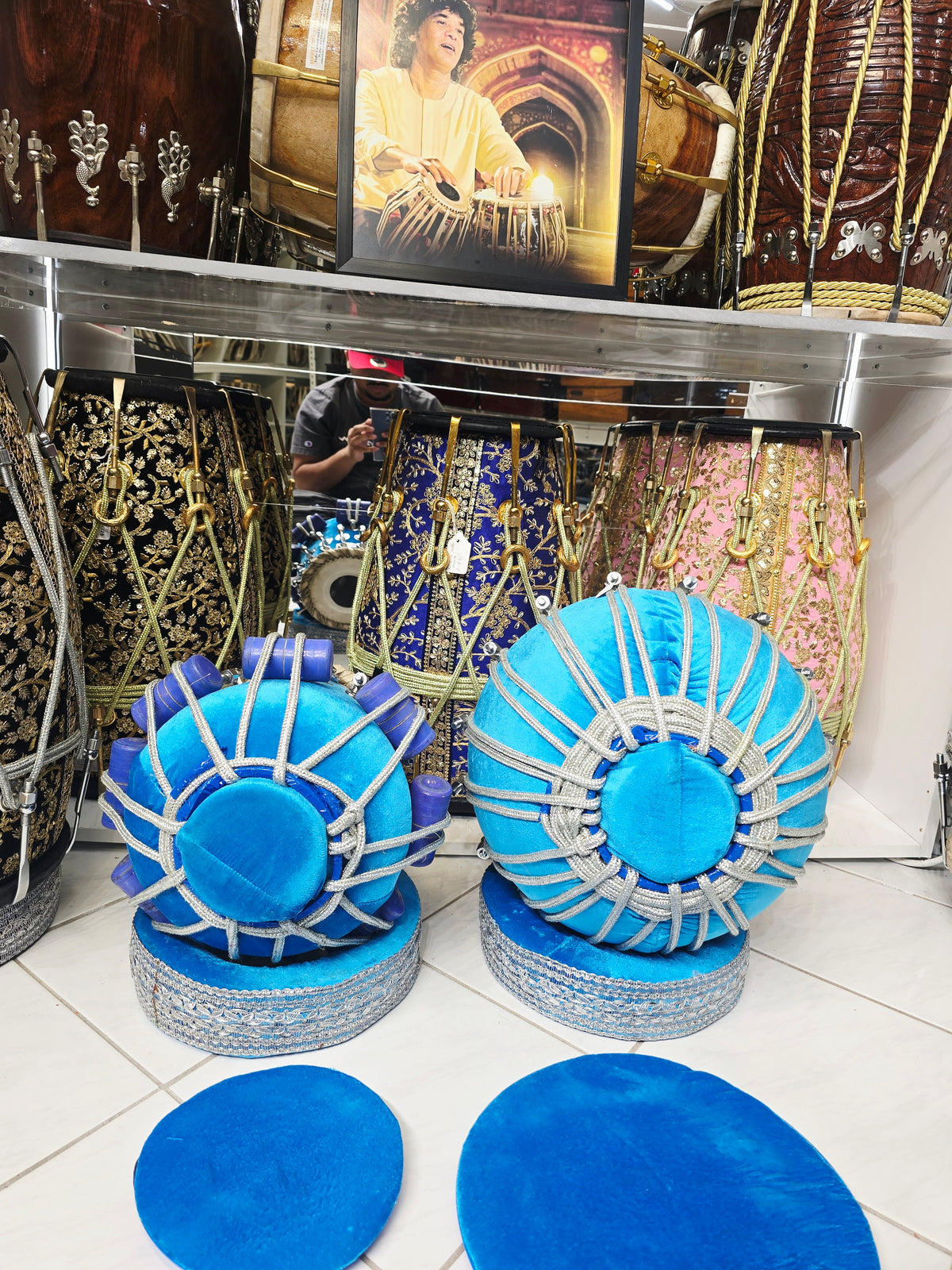 Neelambara Imperial 5⅝" D#/E Red Sheesham Dayan & 9" Brass Bayan Aqua Blue Velvet Wrapped Bolted Tabla Set with Silver Brass Bolts – Exceptional Tone
