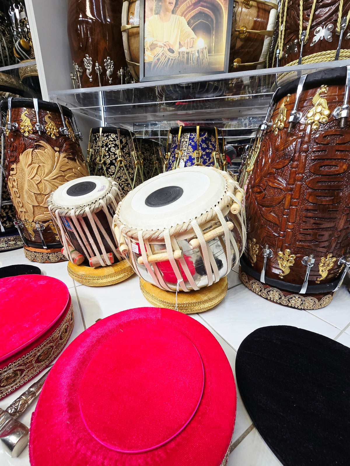 Custom Package for Sangeeta: 6" C/C# Red Sheesham Exceptional Tone Mohd. Sharif Dayan + 9.25" 4.3kg Copper Somnath Skin Bayan with lots of depth & resonance + premium pink tabla rings + Heavyweight Silver Tabla Hammer + Majheera