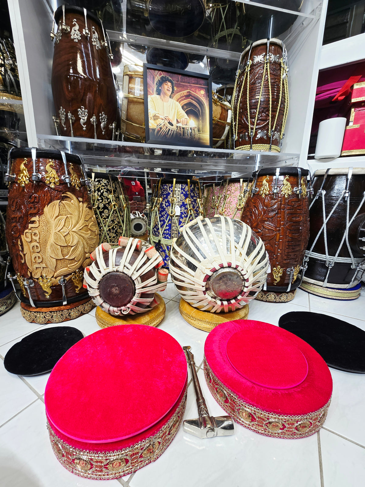 Custom Package for Sangeeta: 6" C/C# Red Sheesham Exceptional Tone Mohd. Sharif Dayan + 9.25" 4.3kg Copper Somnath Skin Bayan with lots of depth & resonance + premium pink tabla rings + Heavyweight Silver Tabla Hammer + Majheera