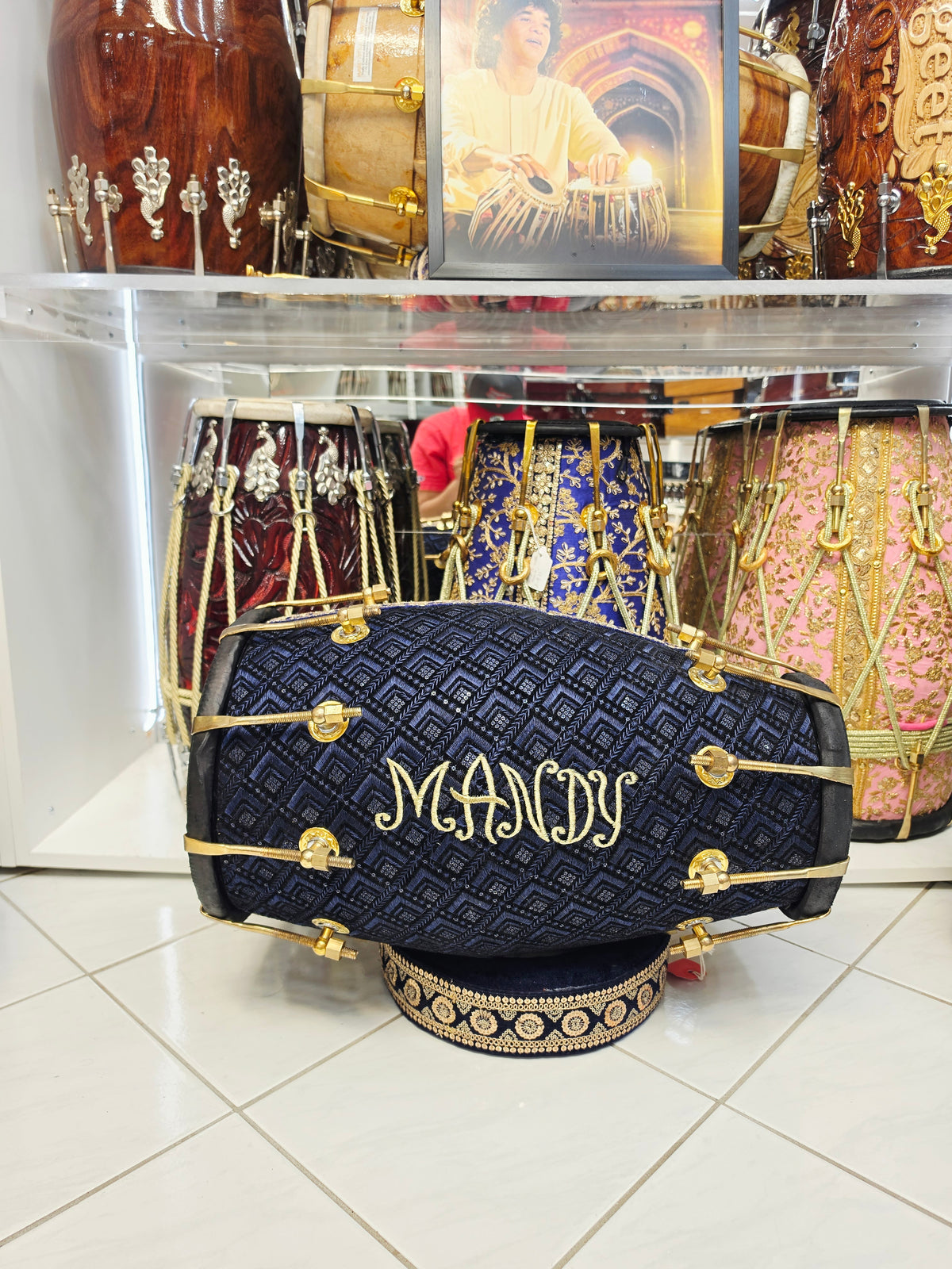 Mandy’s Royal Neelam – Custom Blue & Black Sherwani Dholak with Gold Accents