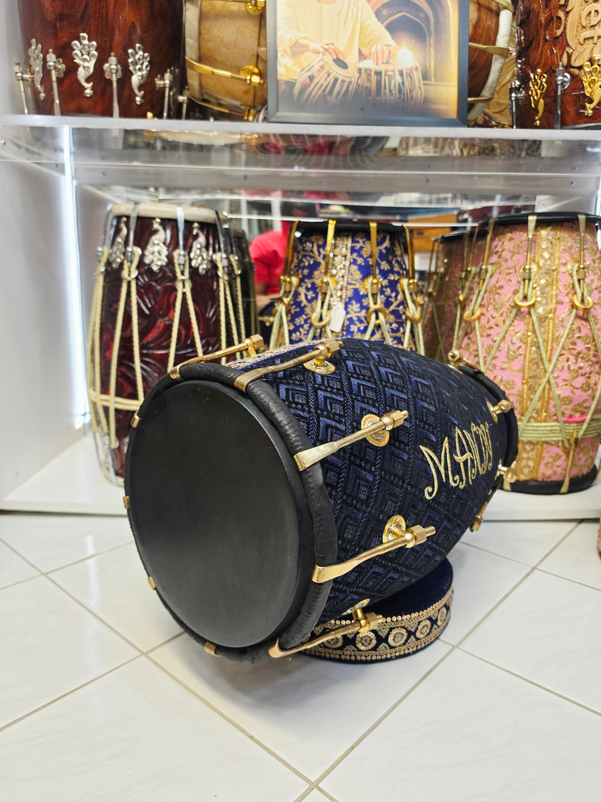Mandy’s Royal Neelam – Custom Blue & Black Sherwani Dholak with Gold Accents