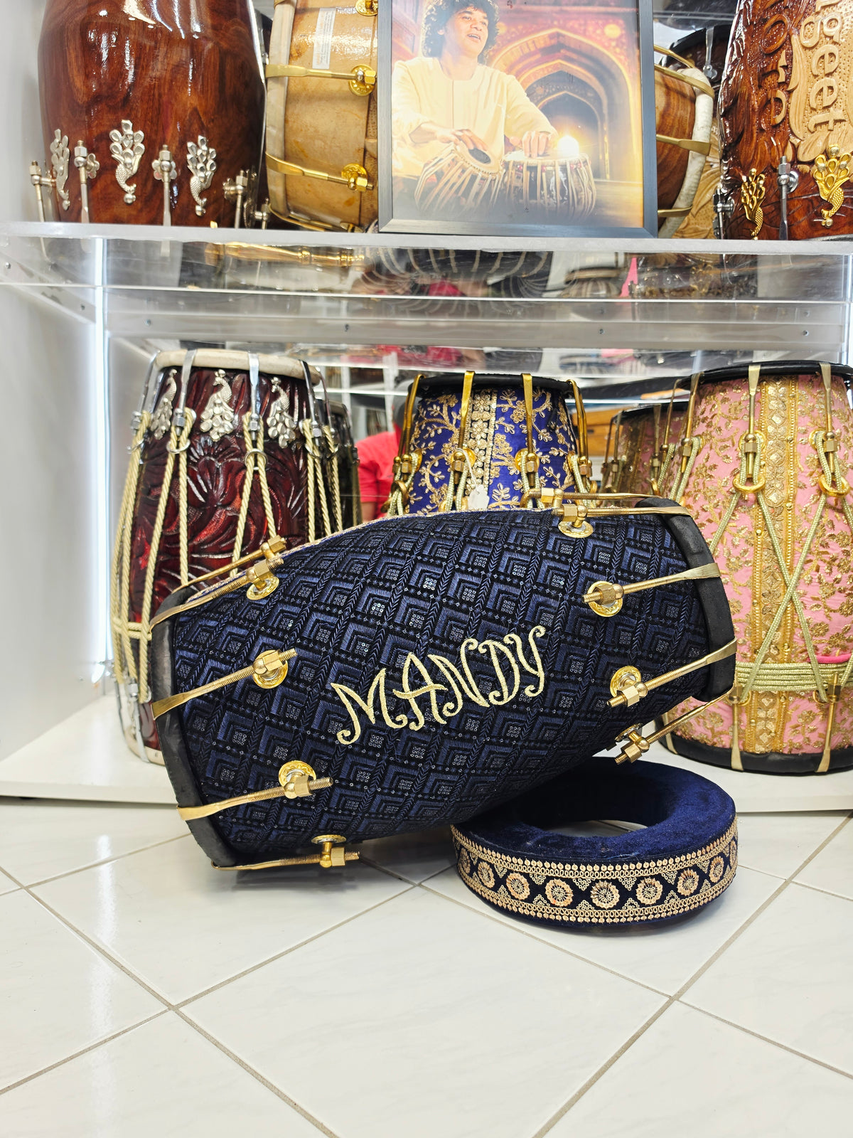 Mandy’s Royal Neelam – Custom Blue & Black Sherwani Dholak with Gold Accents