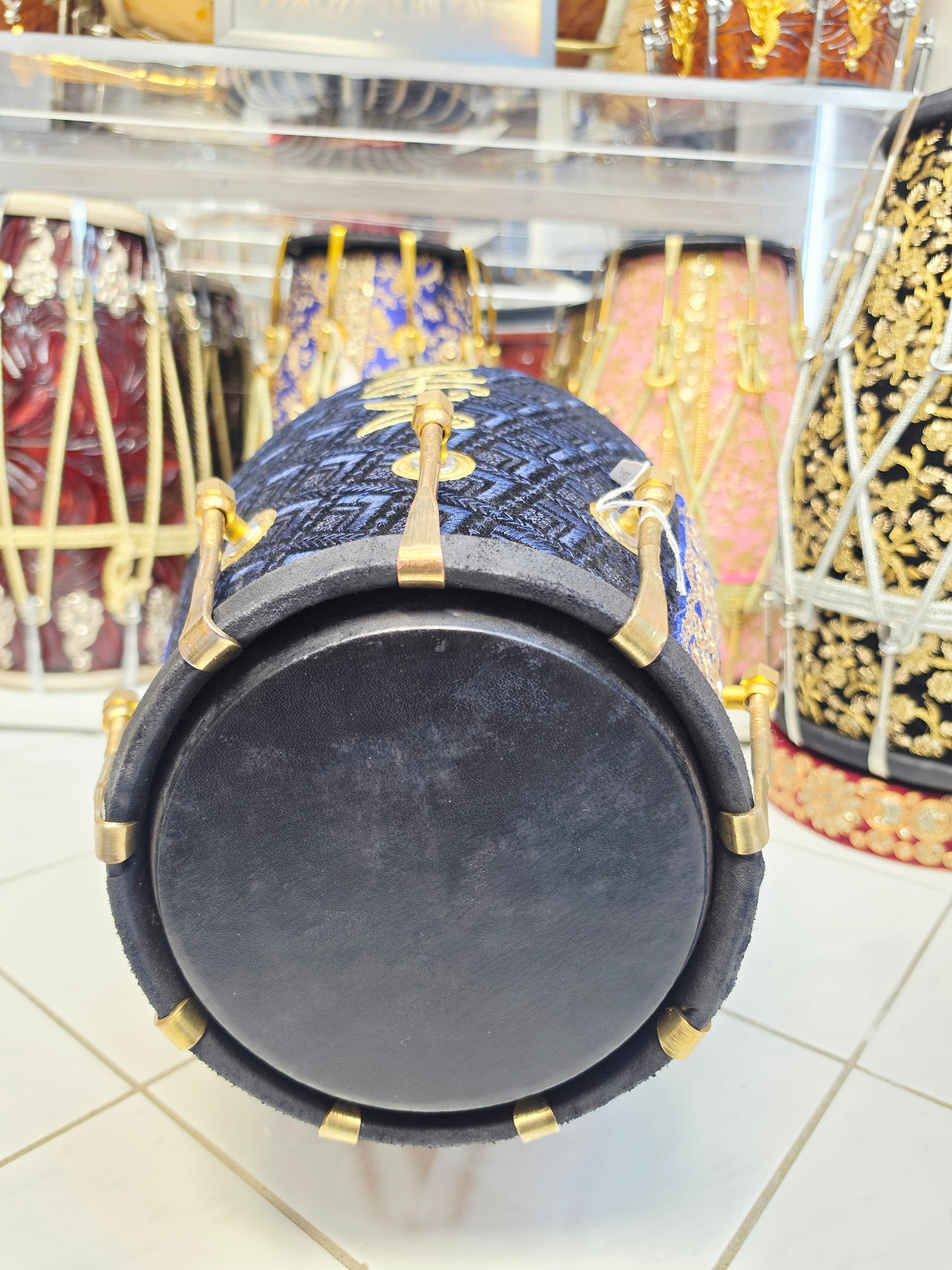 Mandy’s Royal Neelam – Custom Blue & Black Sherwani Dholak with Gold Accents