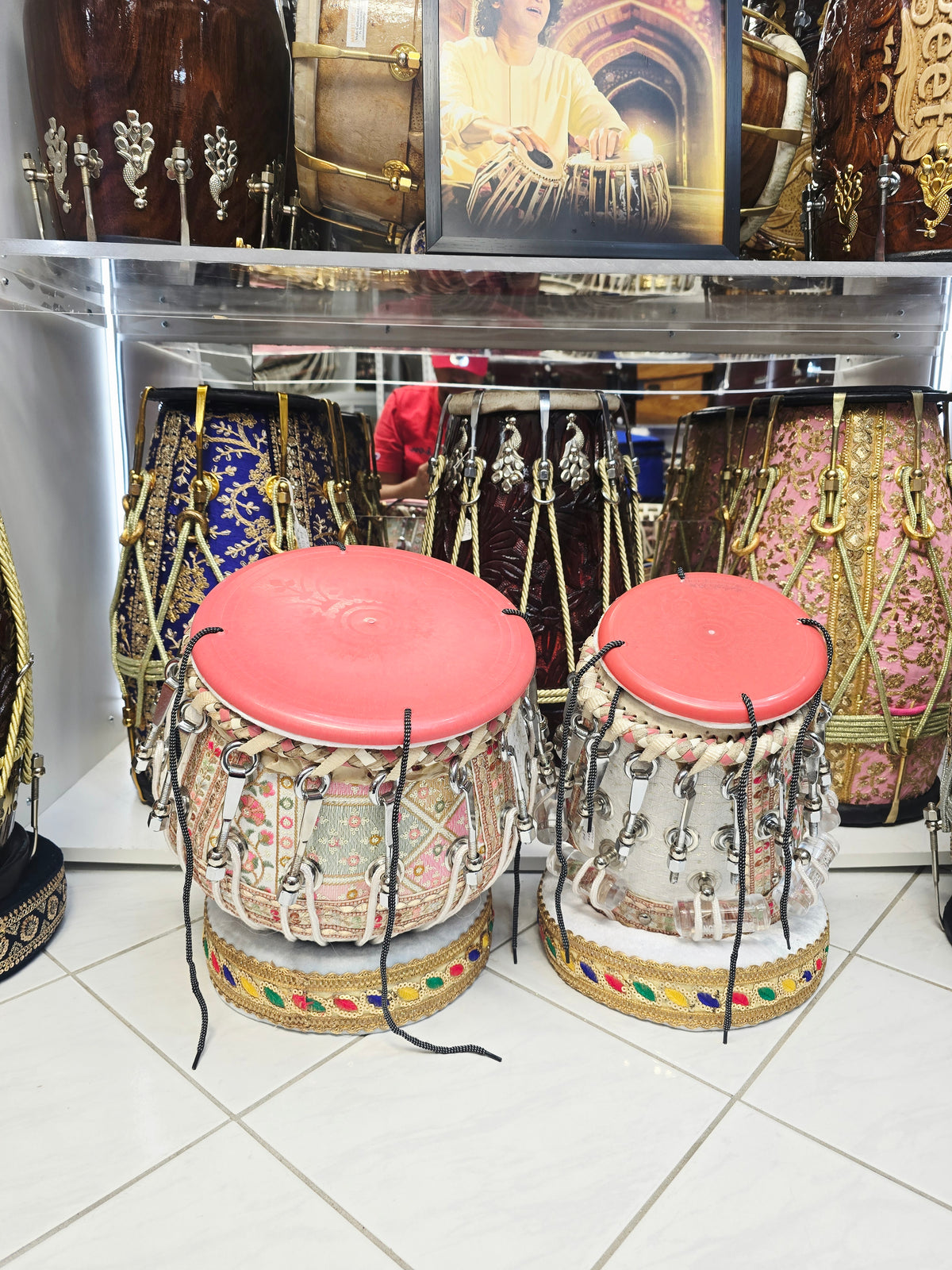 Gulabi Rajmahal – White & Pink Sherwani-Wrapped Bolted Tabla Set | 5⅝" B/C Red Sheesham Dayan & 9" Copper Bayan