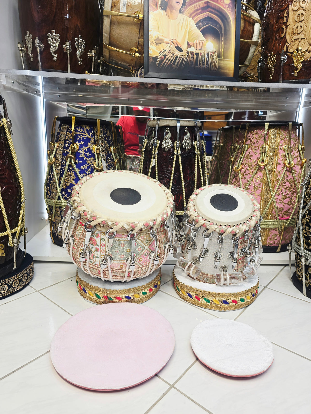 Gulabi Rajmahal – White & Pink Sherwani-Wrapped Bolted Tabla Set | 5⅝" B/C Red Sheesham Dayan & 9" Copper Bayan