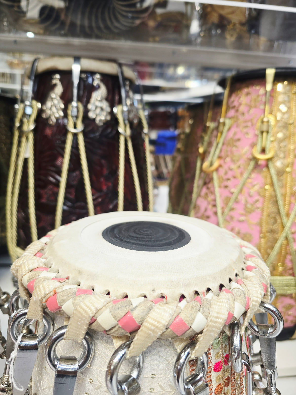 Gulabi Rajmahal – White & Pink Sherwani-Wrapped Bolted Tabla Set | 5⅝" B/C Red Sheesham Dayan & 9" Copper Bayan