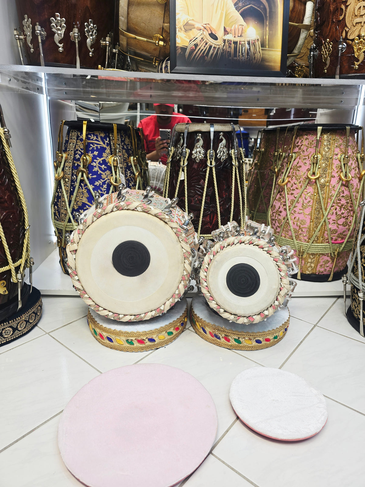 Gulabi Rajmahal – White & Pink Sherwani-Wrapped Bolted Tabla Set | 5⅝" B/C Red Sheesham Dayan & 9" Copper Bayan