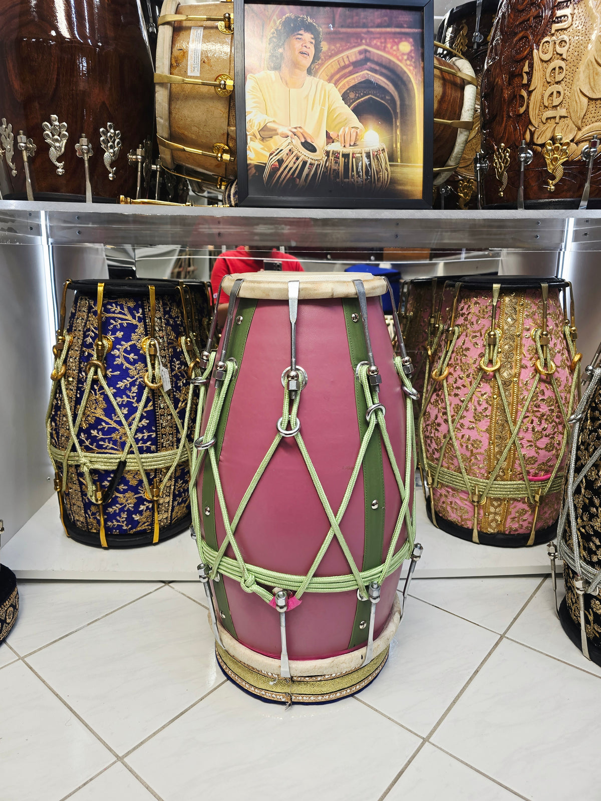 Gulbahaar Vasant – Premium Pink & Green Leather-Wrapped Red Sheesham Dholak *Minor Cosmetic Blemish / Tear *Exceptional Tone