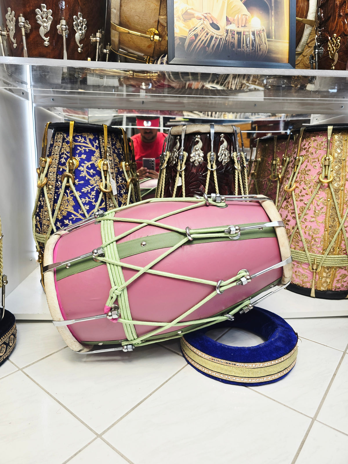 Gulbahaar Vasant – Premium Pink & Green Leather-Wrapped Red Sheesham Dholak *Minor Cosmetic Blemish / Tear *Exceptional Tone