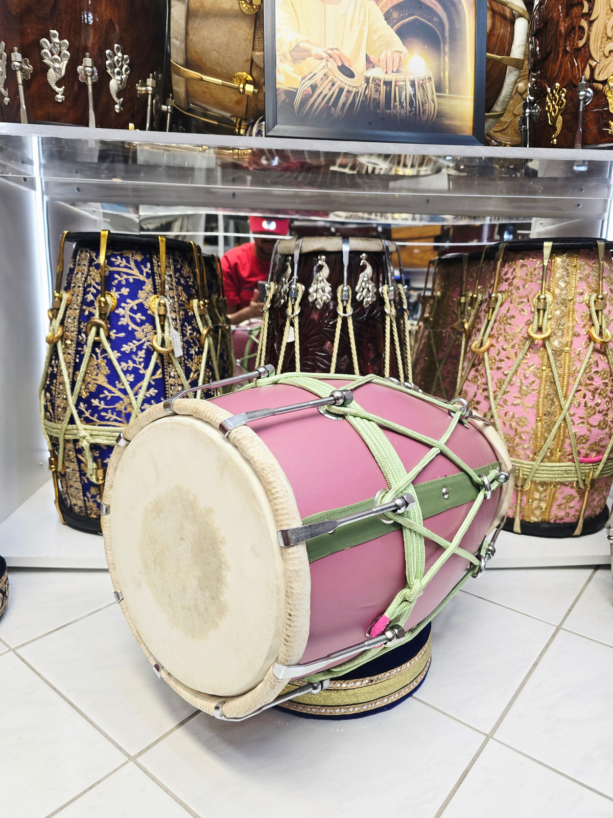 Gulbahaar Vasant – Premium Pink & Green Leather-Wrapped Red Sheesham Dholak *Minor Cosmetic Blemish / Tear *Exceptional Tone