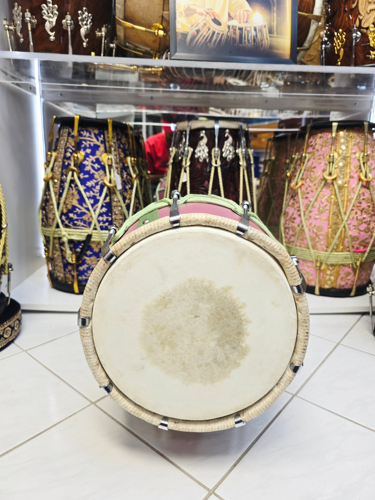 Gulbahaar Vasant – Premium Pink & Green Leather-Wrapped Red Sheesham Dholak *Minor Cosmetic Blemish / Tear *Exceptional Tone