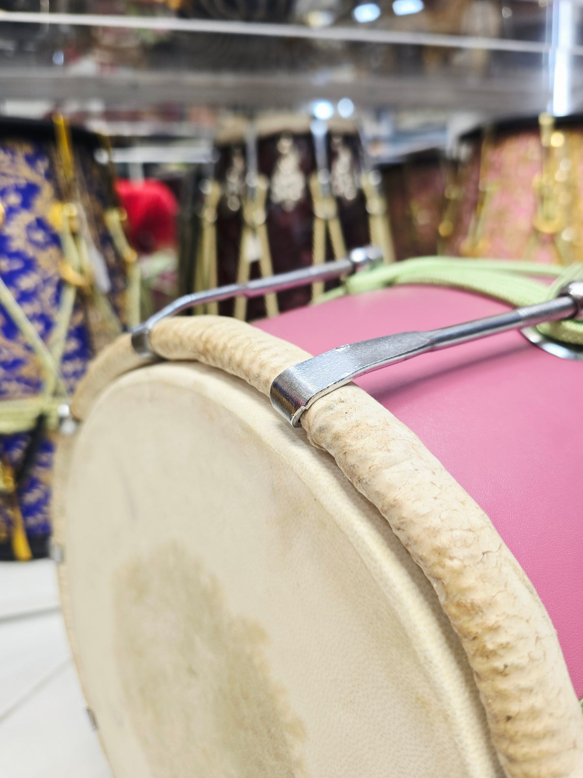 Gulbahaar Vasant – Premium Pink & Green Leather-Wrapped Red Sheesham Dholak *Minor Cosmetic Blemish / Tear *Exceptional Tone