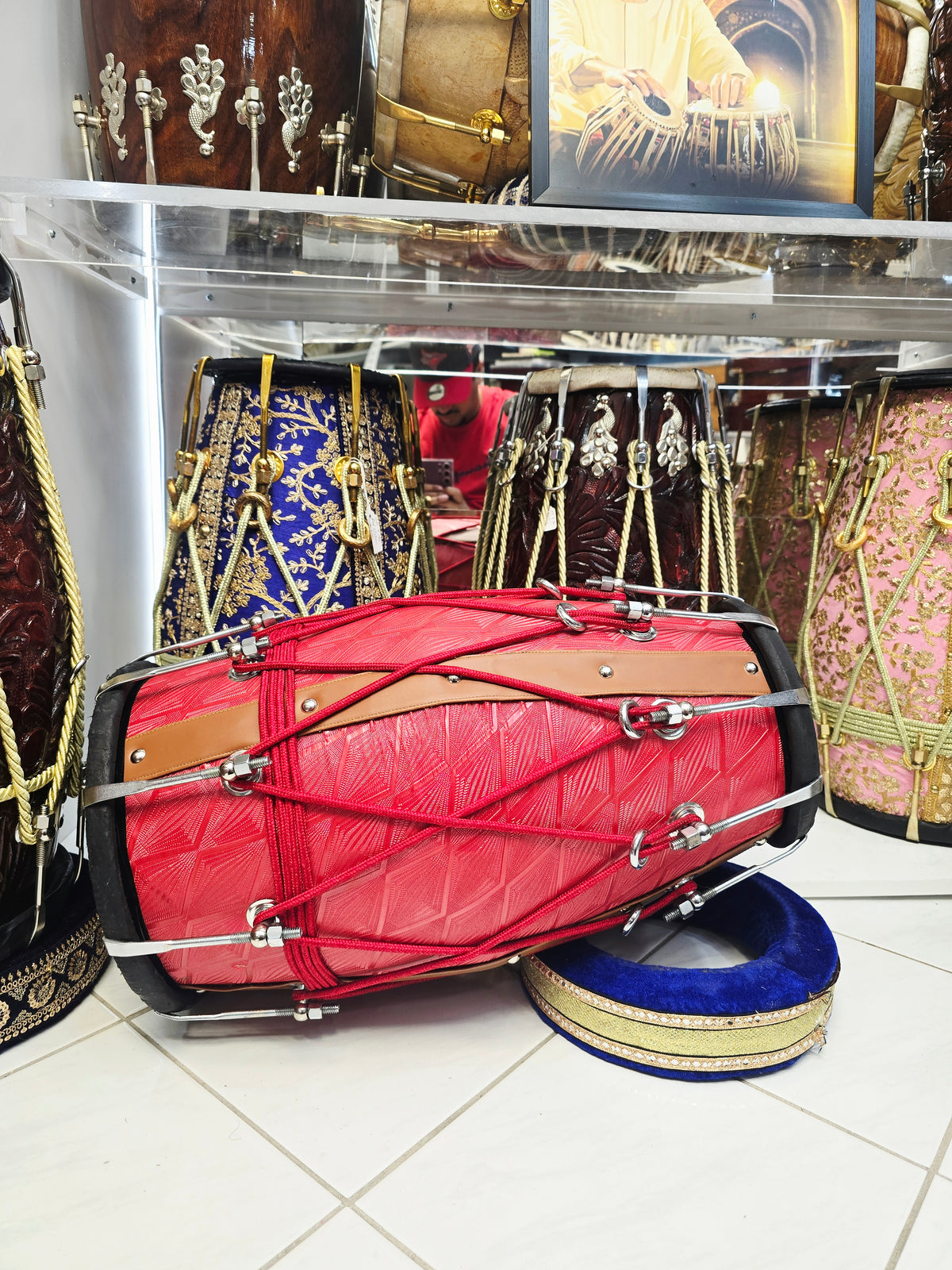 Laal Darbar – Premium Red Designer Leather Wrapped Red Sheesham Dholak | Red Cosmetic Ropes & Black Skins *Minor Cosmetic Blemish/ Tear *Exceptional Tone