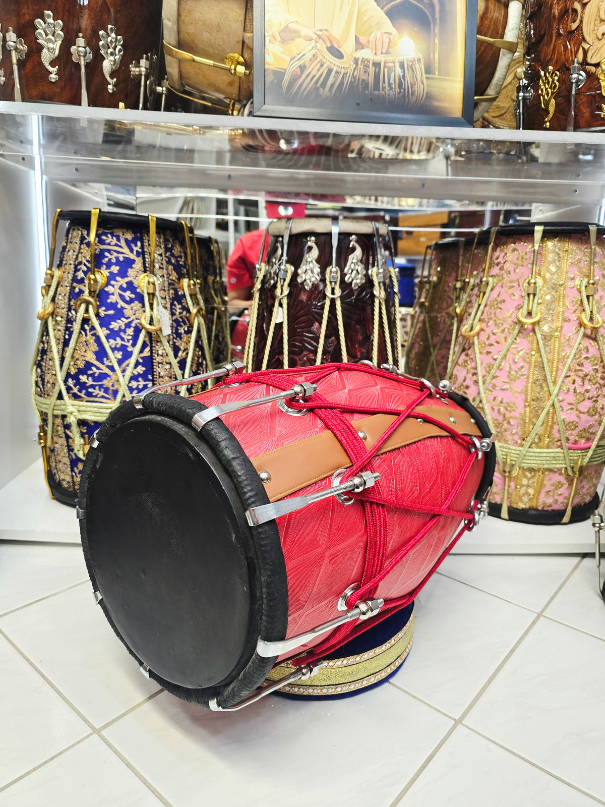 Laal Darbar – Premium Red Designer Leather Wrapped Red Sheesham Dholak | Red Cosmetic Ropes & Black Skins *Minor Cosmetic Blemish/ Tear *Exceptional Tone