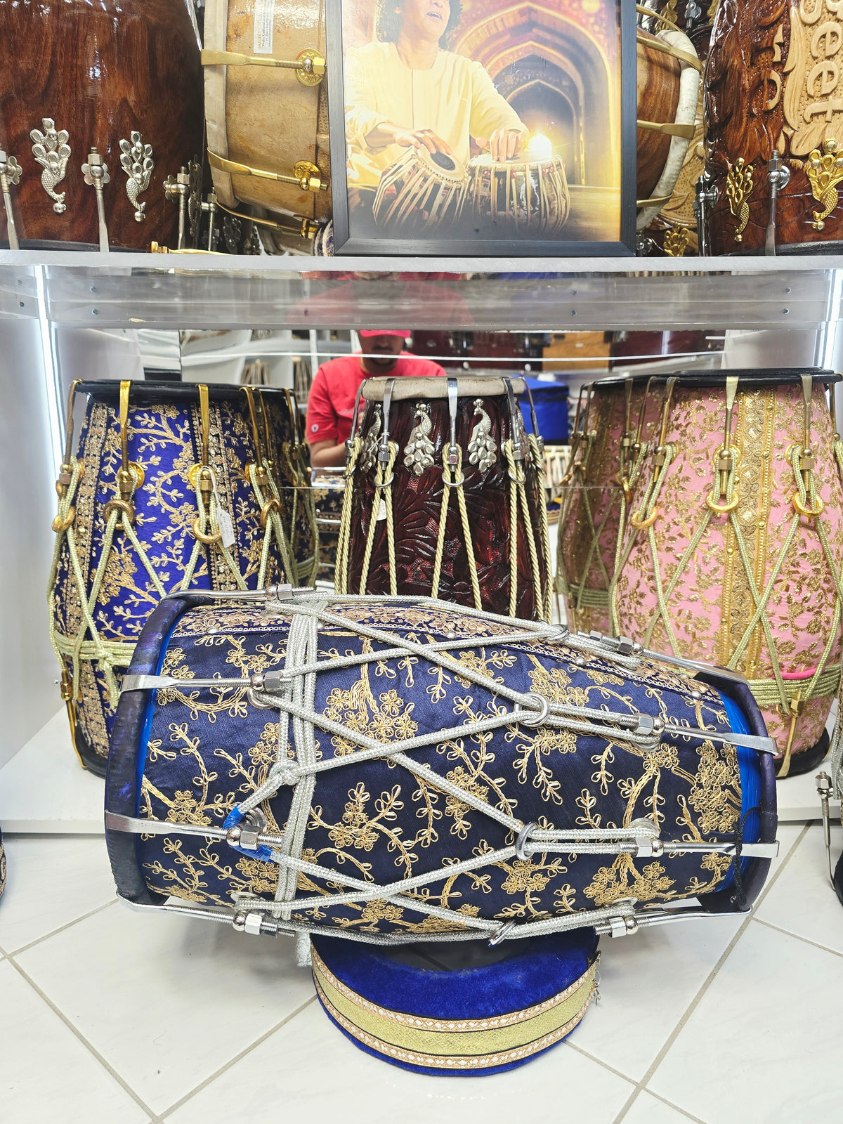 Neel Shahi – 20" Royal Blue & Gold Sherwani-Wrapped Dholak | Blue Skins & Thin-Rimmed Treble Skin *Minor Cosmetic Blemishes on Skin *Exceptional Tone