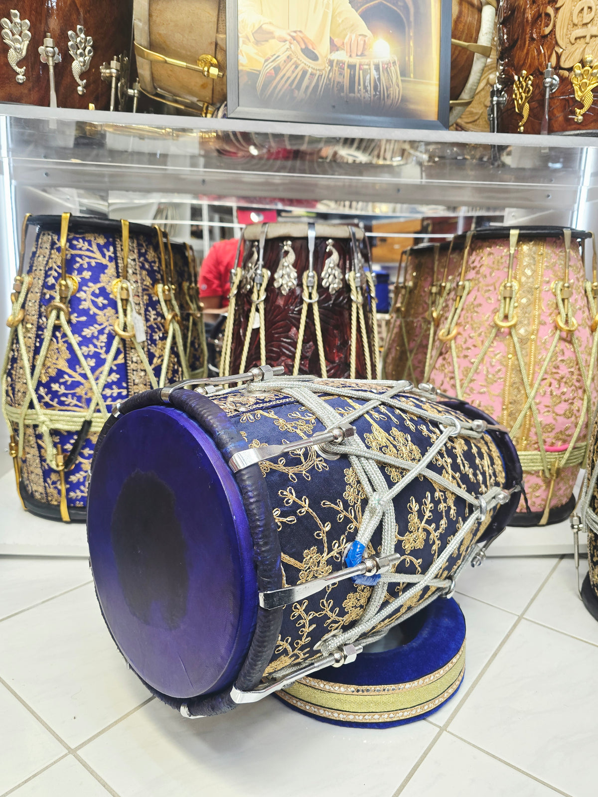 Neel Shahi – 20" Royal Blue & Gold Sherwani-Wrapped Dholak | Blue Skins & Thin-Rimmed Treble Skin *Minor Cosmetic Blemishes on Skin *Exceptional Tone