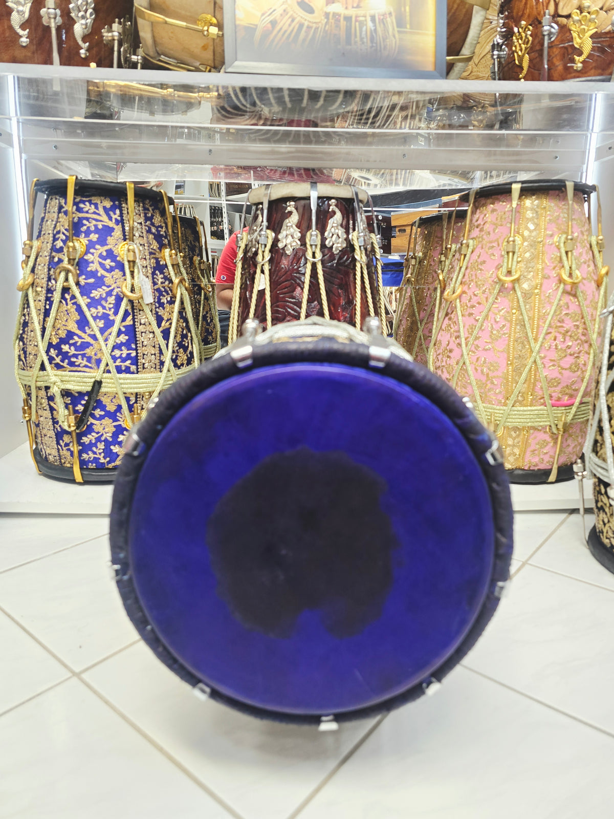 Neel Shahi – 20" Royal Blue & Gold Sherwani-Wrapped Dholak | Blue Skins & Thin-Rimmed Treble Skin *Minor Cosmetic Blemishes on Skin *Exceptional Tone