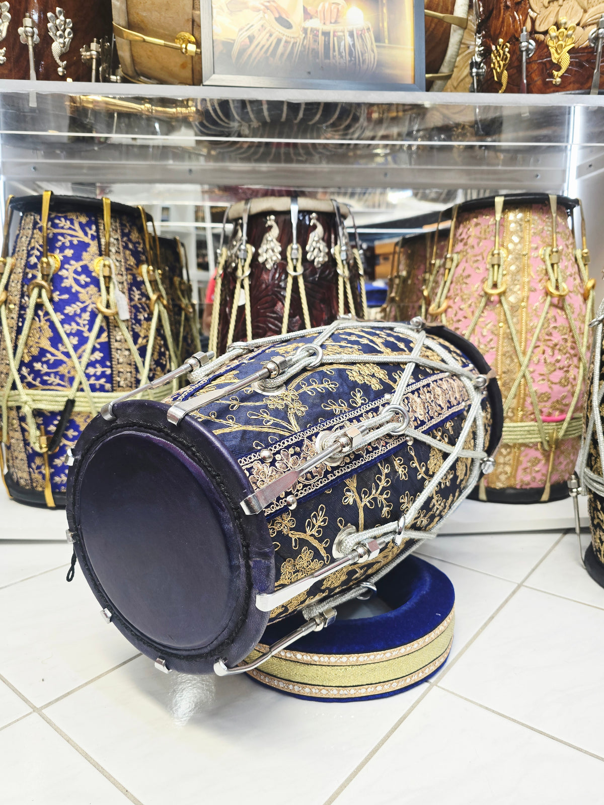 Neel Shahi – 20" Royal Blue & Gold Sherwani-Wrapped Dholak | Blue Skins & Thin-Rimmed Treble Skin *Minor Cosmetic Blemishes on Skin *Exceptional Tone
