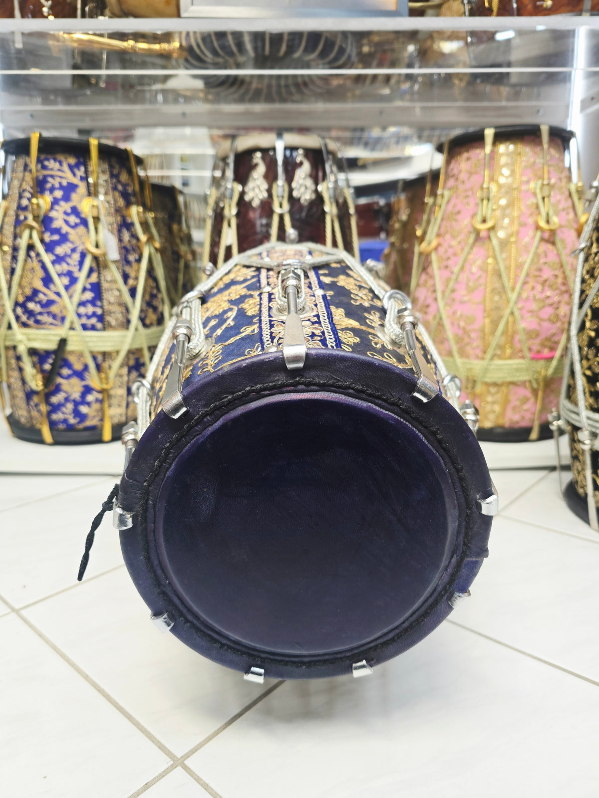 Neel Shahi – 20" Royal Blue & Gold Sherwani-Wrapped Dholak | Blue Skins & Thin-Rimmed Treble Skin *Minor Cosmetic Blemishes on Skin *Exceptional Tone