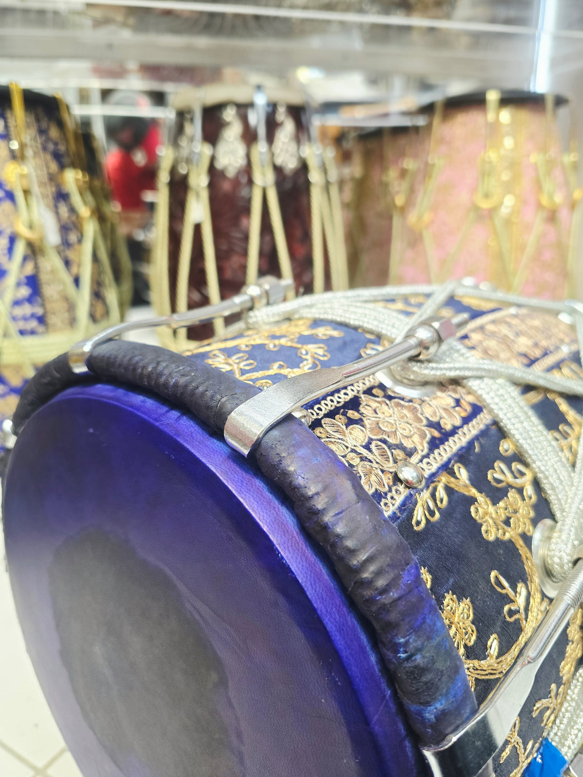 Neel Shahi – 20" Royal Blue & Gold Sherwani-Wrapped Dholak | Blue Skins & Thin-Rimmed Treble Skin *Minor Cosmetic Blemishes on Skin *Exceptional Tone