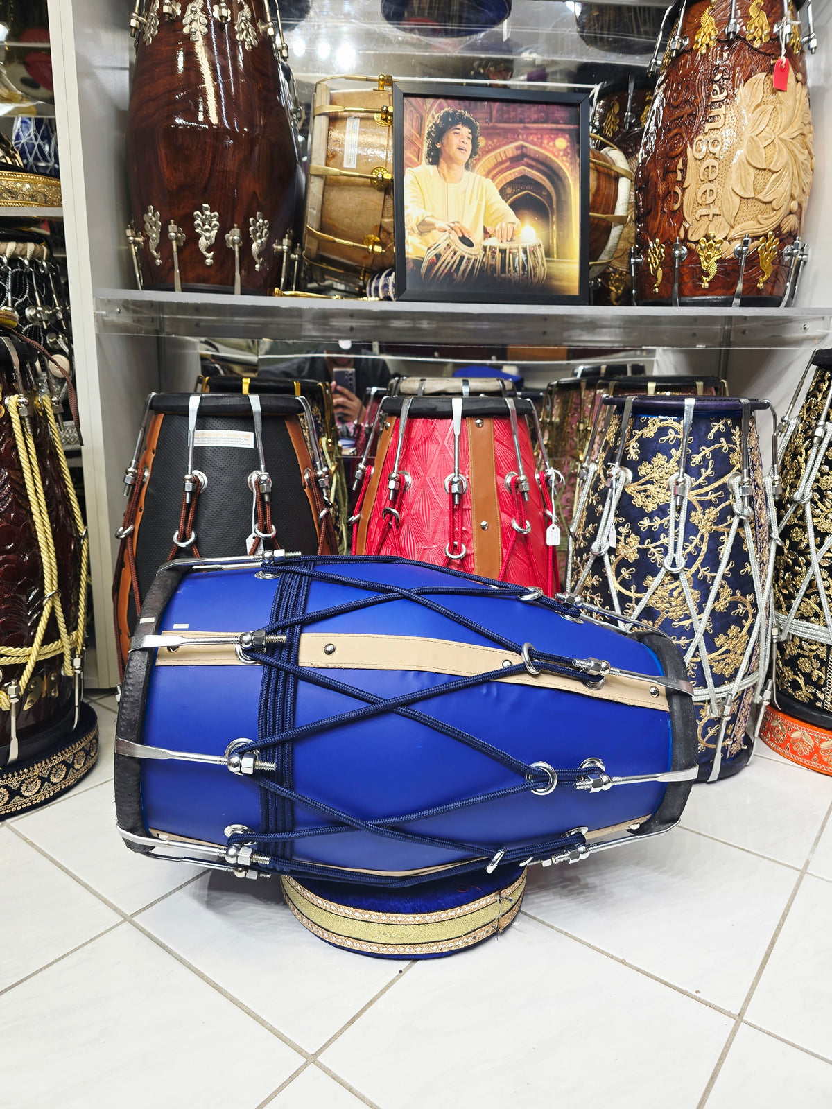Royal Sapphire Blue Designer Leather-Wrapped Dholak with Champagne Gold Accents *Very Minor Cosmetic Blemishes *Exceptional Tone