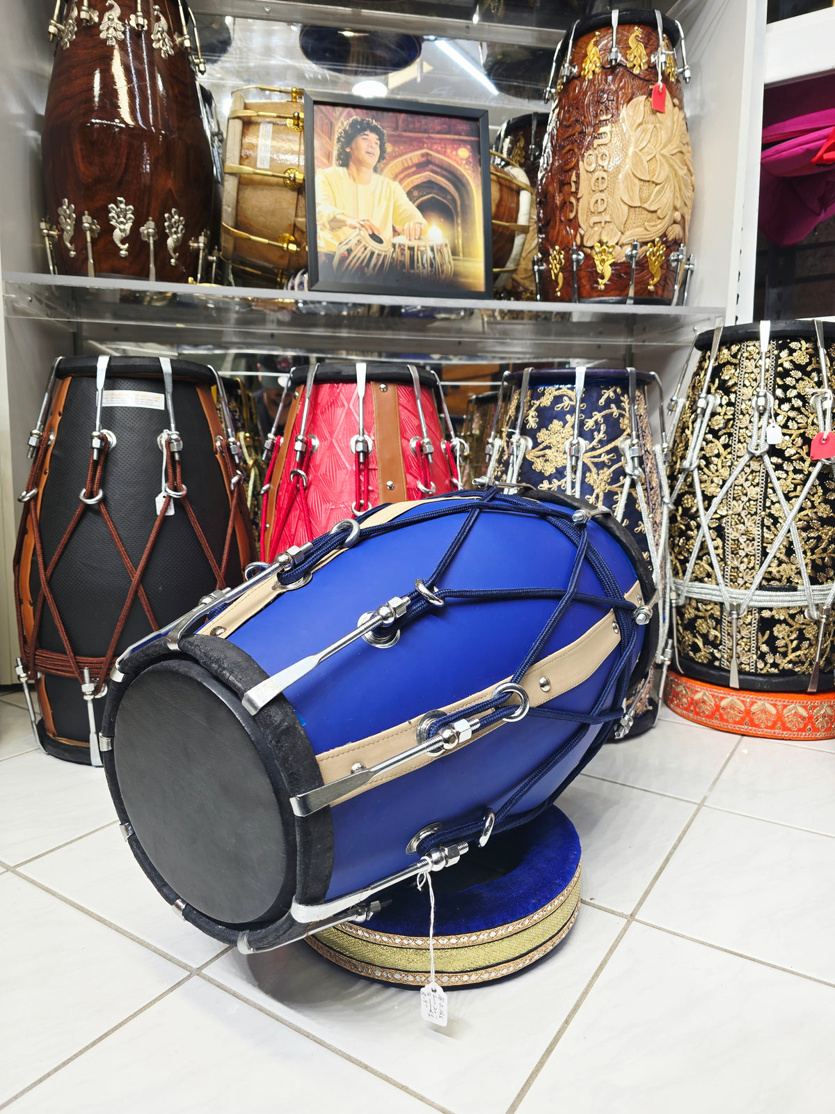 Royal Sapphire Blue Designer Leather-Wrapped Dholak with Champagne Gold Accents *Very Minor Cosmetic Blemishes *Exceptional Tone