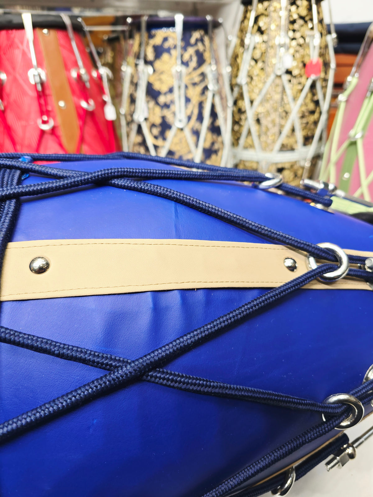 Royal Sapphire Blue Designer Leather-Wrapped Dholak with Champagne Gold Accents *Very Minor Cosmetic Blemishes *Exceptional Tone